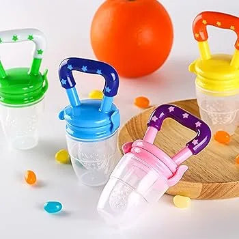 Chupo alimentador de fruta en silicona segura para bebés, libre de BPA, con malla antiahogo. Ideal para alimentación complementaria, masaje de encías y aprendizaje.