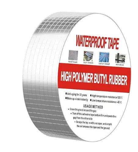 Cinta adhesiva impermeable de aluminio y butilo de 5 metros por 5 cm para sellar grietas, filtraciones, techos, canaletas y superficies exteriores.