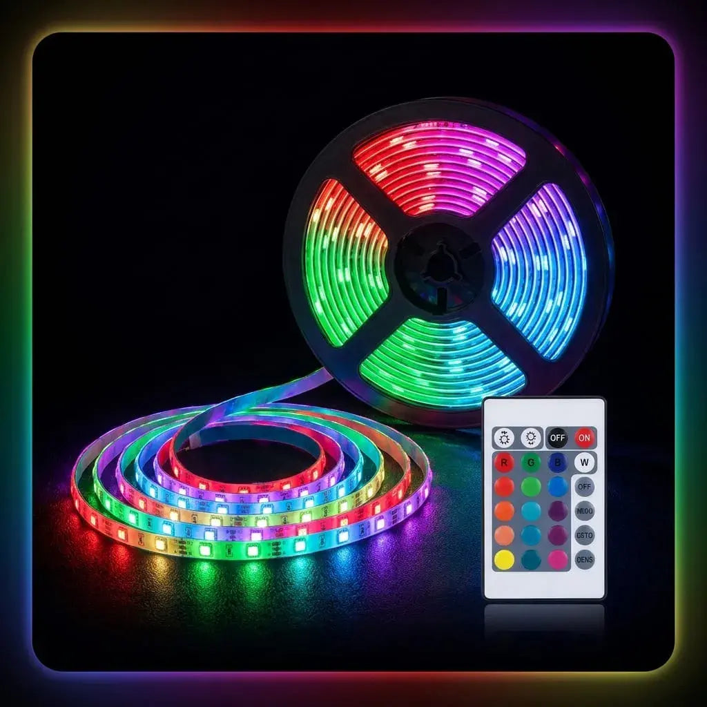 Cinta LED RGB autoadhesiva con control remoto para decorar habitaciones, salas, cocinas, bares y espacios interiores con colores, brillo y efectos ajustables.