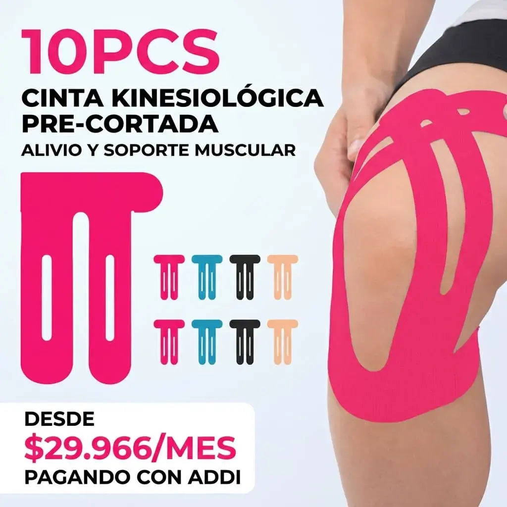 Cinta kinesiológica elástica con adhesivo médico en pack de 10 unidades, ideal para soporte muscular, estabilidad y acompañamiento en actividad física.