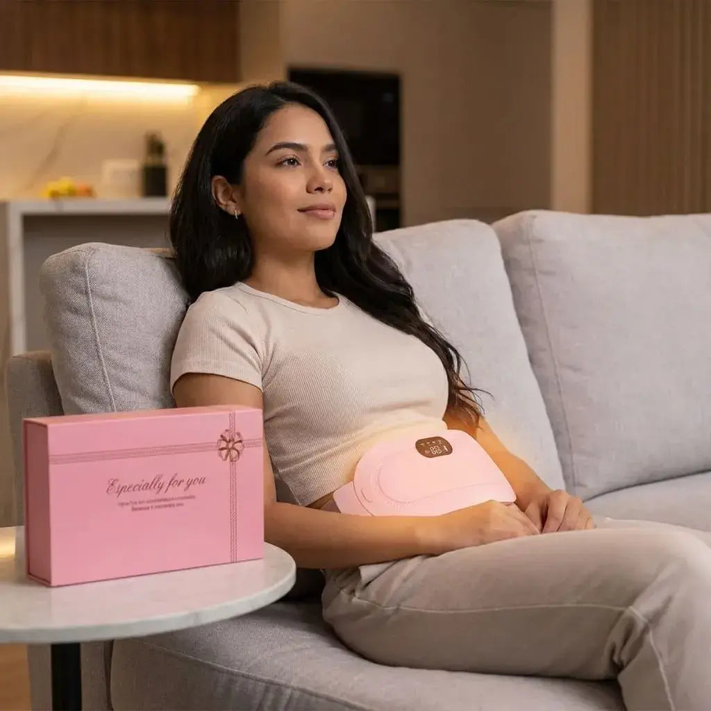 Cinturón térmico para cólicos menstruales con 3 niveles de temperatura y 4 modos de vibración. Ajustable, ligero y diseñado para brindar calor y comodidad en abdomen y zona lumbar.