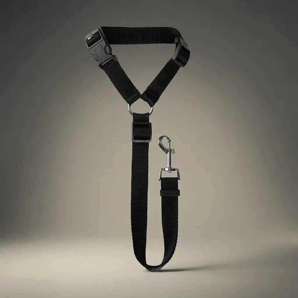 Cinturón de seguridad ajustable para perros y mascotas, con longitud de hasta 80 cm y fácil instalación en vehículos compatibles. Ideal para viajes en carro.