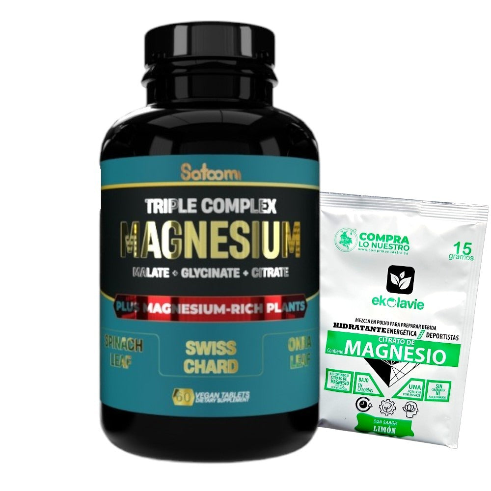 Suplemento alimenticio de magnesio con glicinato, malato y citrato en cápsulas vegetales y sachet. Apoya energía, función muscular, digestiva y descanso.