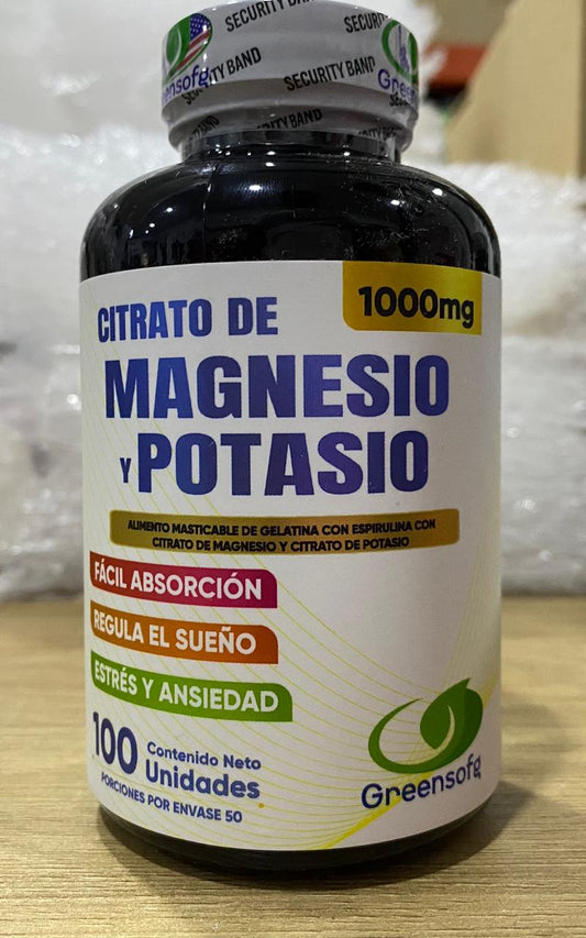 Citrato de Magnesio y Potasio 1000 mg, suplemento dietario para complementar el bienestar muscular, nervioso, metabólico y el equilibrio electrolítico diario.