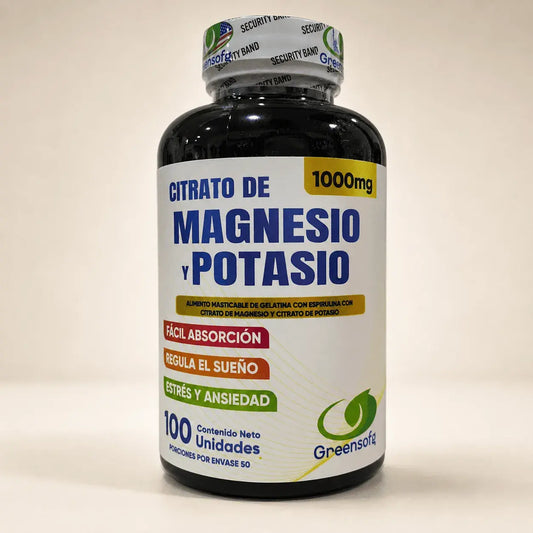  Citrato de Magnesio y Potasio 1000 mg, suplemento dietario para complementar el bienestar muscular, nervioso, metabólico y el equilibrio electrolítico diario.