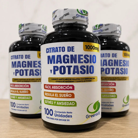 Combo  de citrato de magnesio y potasio 1000 mg por tres frascos para complementar la alimentación y apoyar la función muscular y nerviosa.