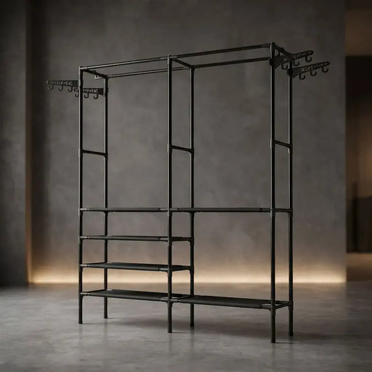 Clóset perchero 2 puestos con zapatero inferior y estructura metálica negra, ideal para organizar ropa, zapatos y accesorios en dormitorios o espacios pequeños.