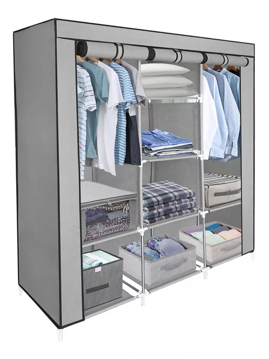 Closet armario de tela gris multifuncional con 7 entrepaños reforzados, espacio para colgar ropa, estructura metálica, forro protector y diseño portátil desarmable.