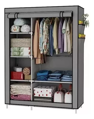 Closet armario de tela doble negro con 7 entrepaños, estructura metálica, forro protector y espacio para colgar ropa. Ideal para organizar dormitorios, vestidores y espacios reducidos.