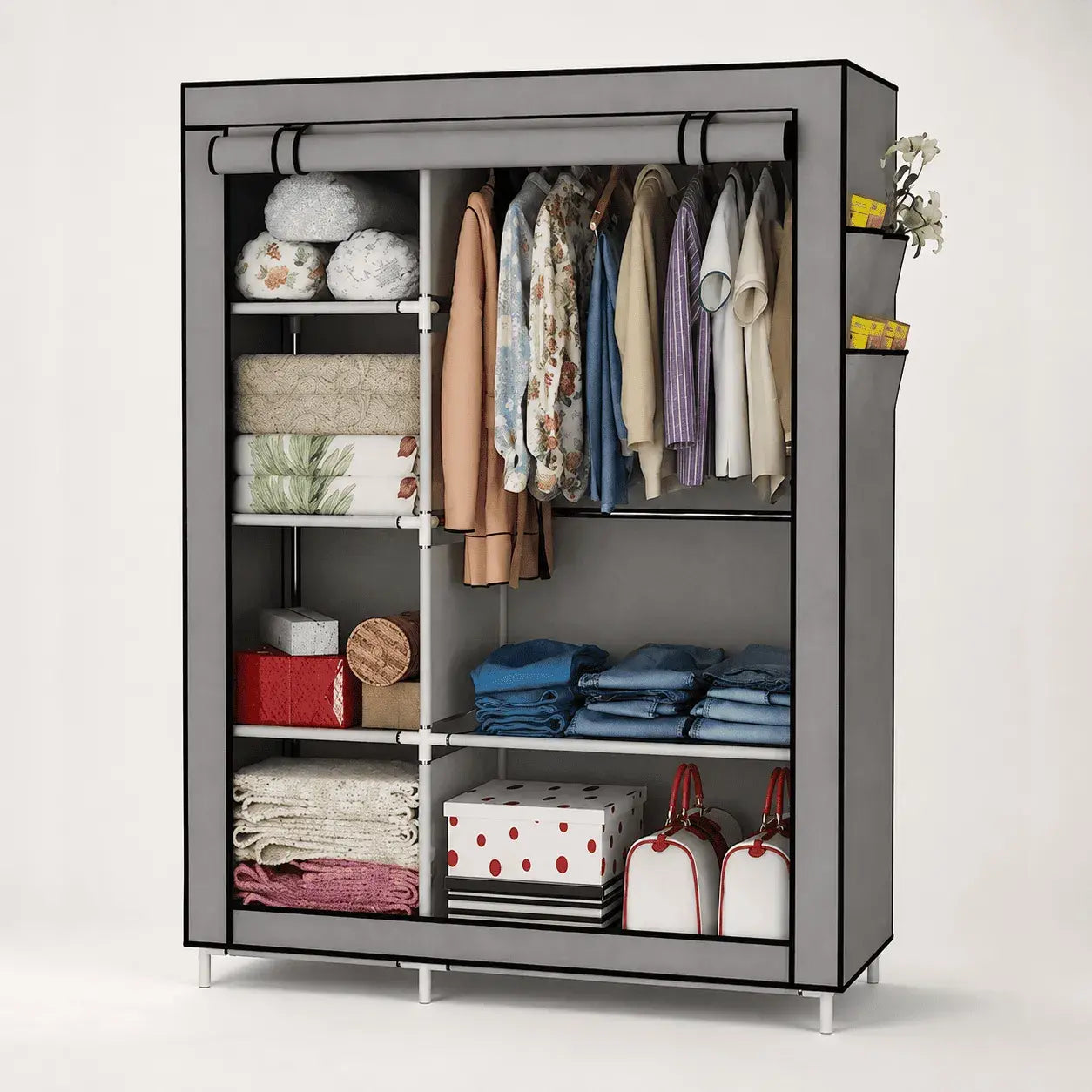 Closet armario de tela doble negro con 7 entrepaños, estructura metálica, forro protector y espacio para colgar ropa. Ideal para organizar dormitorios, vestidores y espacios reducidos.