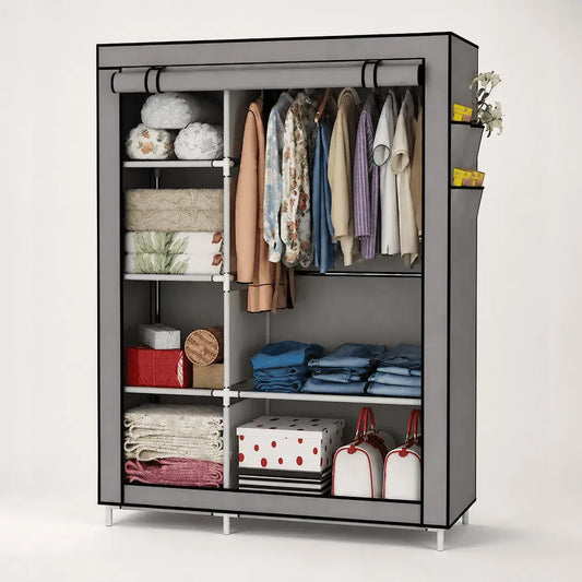 Closet armario de tela doble negro con 7 entrepaños, estructura metálica, forro protector y espacio para colgar ropa. Ideal para organizar dormitorios, vestidores y espacios reducidos.