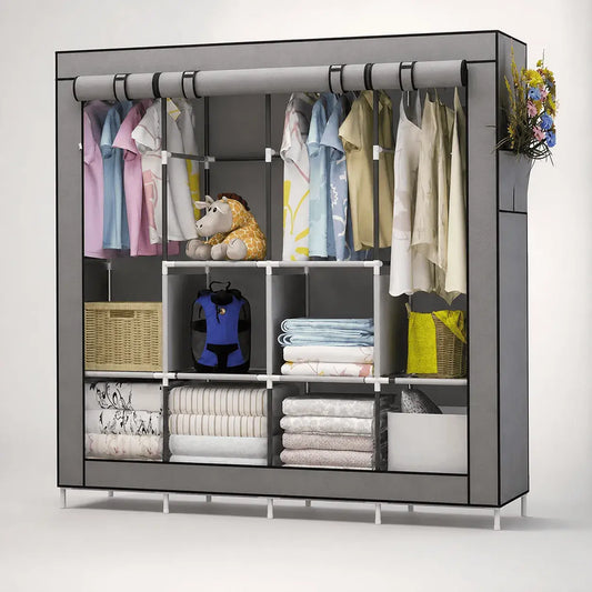 Closet armario portátil extra doble con 4 espacios para colgar ropa, 8 compartimentos organizadores, estructura en aluminio, tela ecológica resistente y armado sin herramientas.