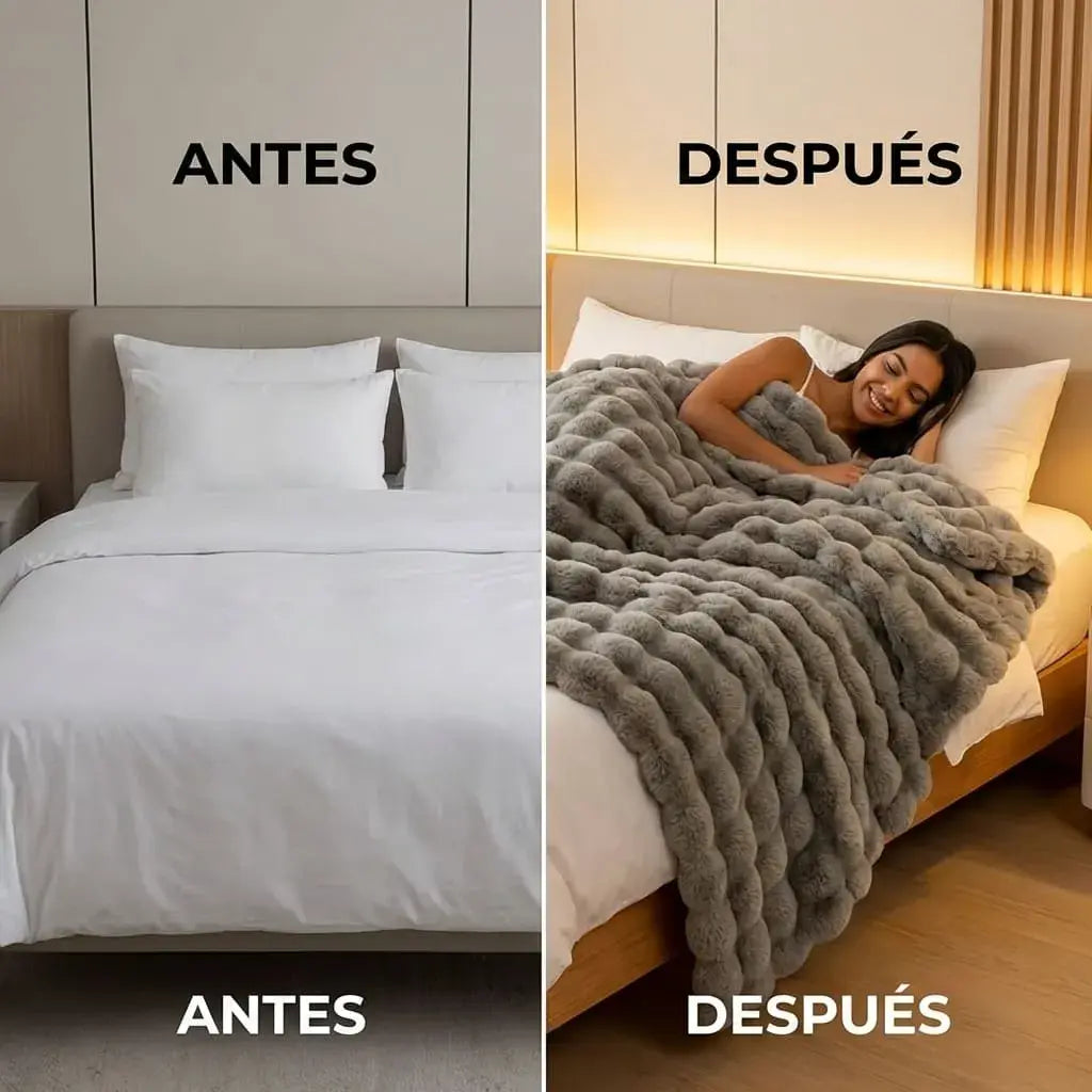 Cobija textura piel de conejo sintética con diseño en relieve tipo piña. Ultra suave y aterciopelada, abrigo cálido para noches frías, liviana y fácil de cuidar. Colores modernos para tu habitación.