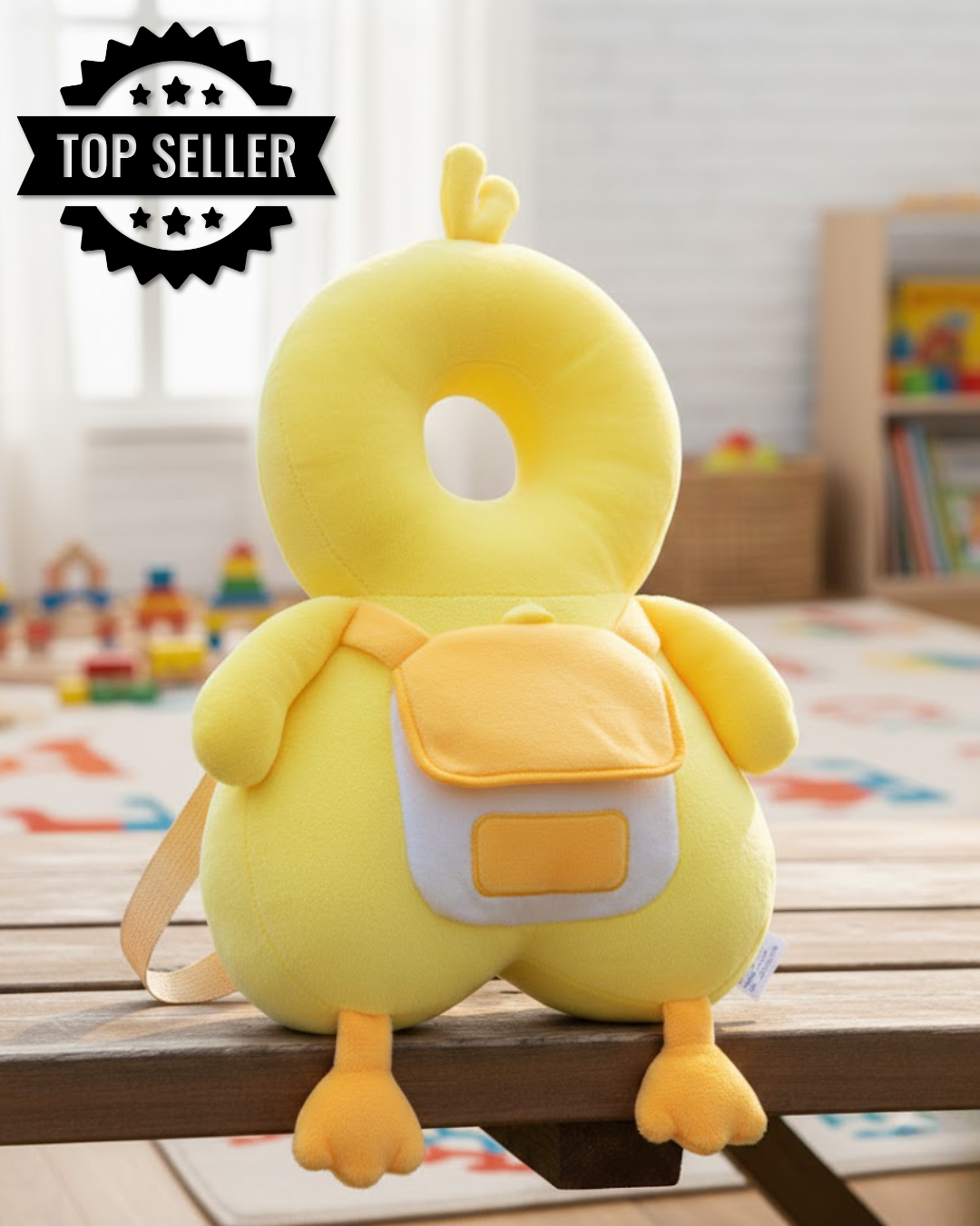 Cojín anti golpes para bebé con protección de cabeza y espalda. Diseño tipo mochila ideal para gateo y primeros pasos, brinda seguridad y amortiguación en caídas.