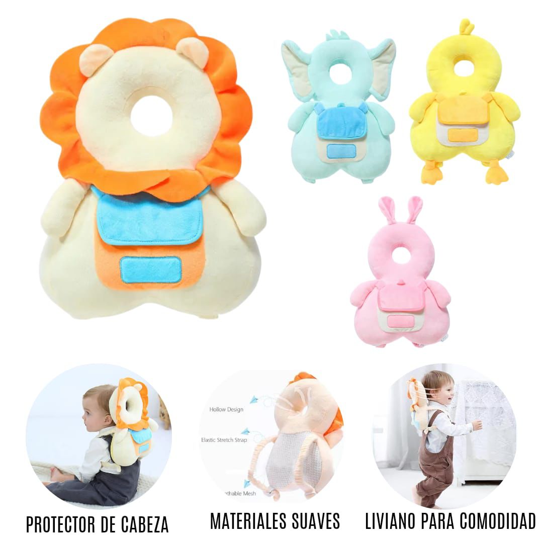 Cojín anti golpes para bebé con protección de cabeza y espalda. Diseño tipo mochila ideal para gateo y primeros pasos, brinda seguridad y amortiguación en caídas.