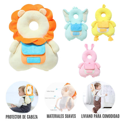 Cojín anti golpes para bebé con protección de cabeza y espalda. Diseño tipo mochila ideal para gateo y primeros pasos, brinda seguridad y amortiguación en caídas.