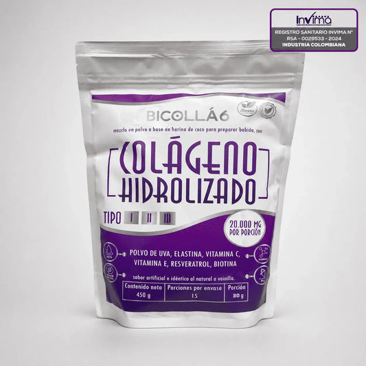 Colágeno Hidrolizado BICOLLÁ 6 con colágeno tipos I, II y III, elastina, vitaminas C y E, biotina y resveratrol en sabor uva o vainilla.