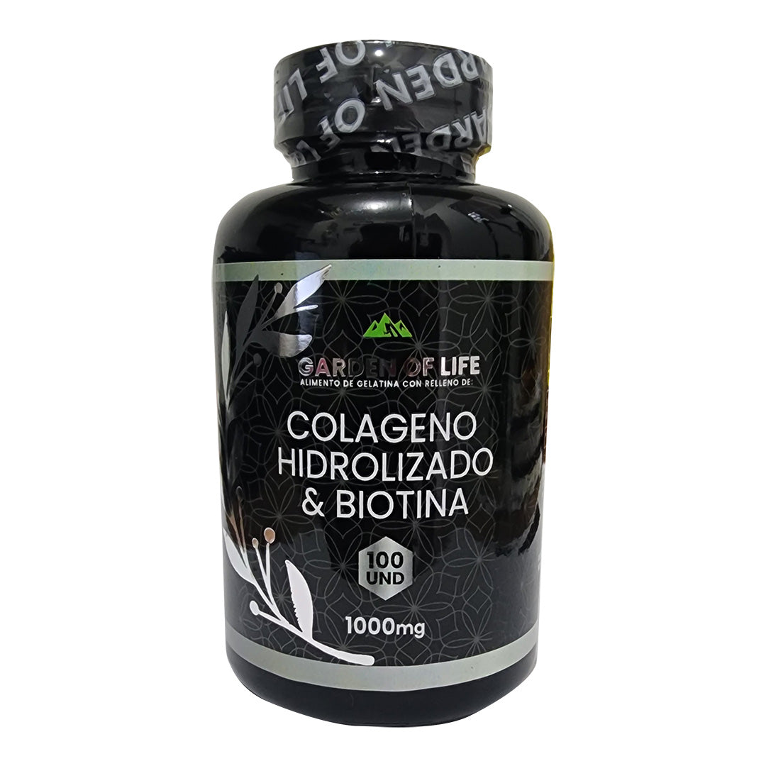 Colágeno Hidrolizado con Biotina Garden of Life x 100 cápsulas con INVIMA. Suplemento dietario para complementar el cuidado diario del cabello, uñas, piel y bienestar general.