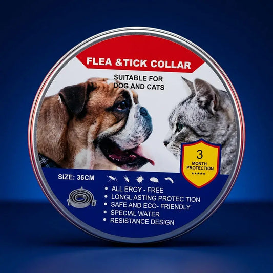 Collar antipulgas y garrapatas ajustable para perros y gatos pequeños. Protección hasta por 3 meses, resistente al agua y fácil de usar.