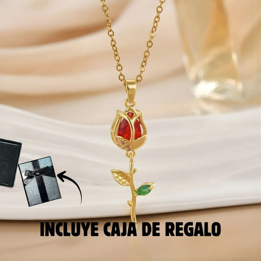 Collar rosa roja con caja de regalo elegante, ideal como detalle romántico para ocasiones especiales.
