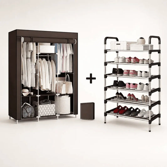 Combo organizador con armario de tela negro de tres puestos y zapatero metálico de seis niveles, ideal para guardar ropa, accesorios y hasta 18 pares de zapatos.