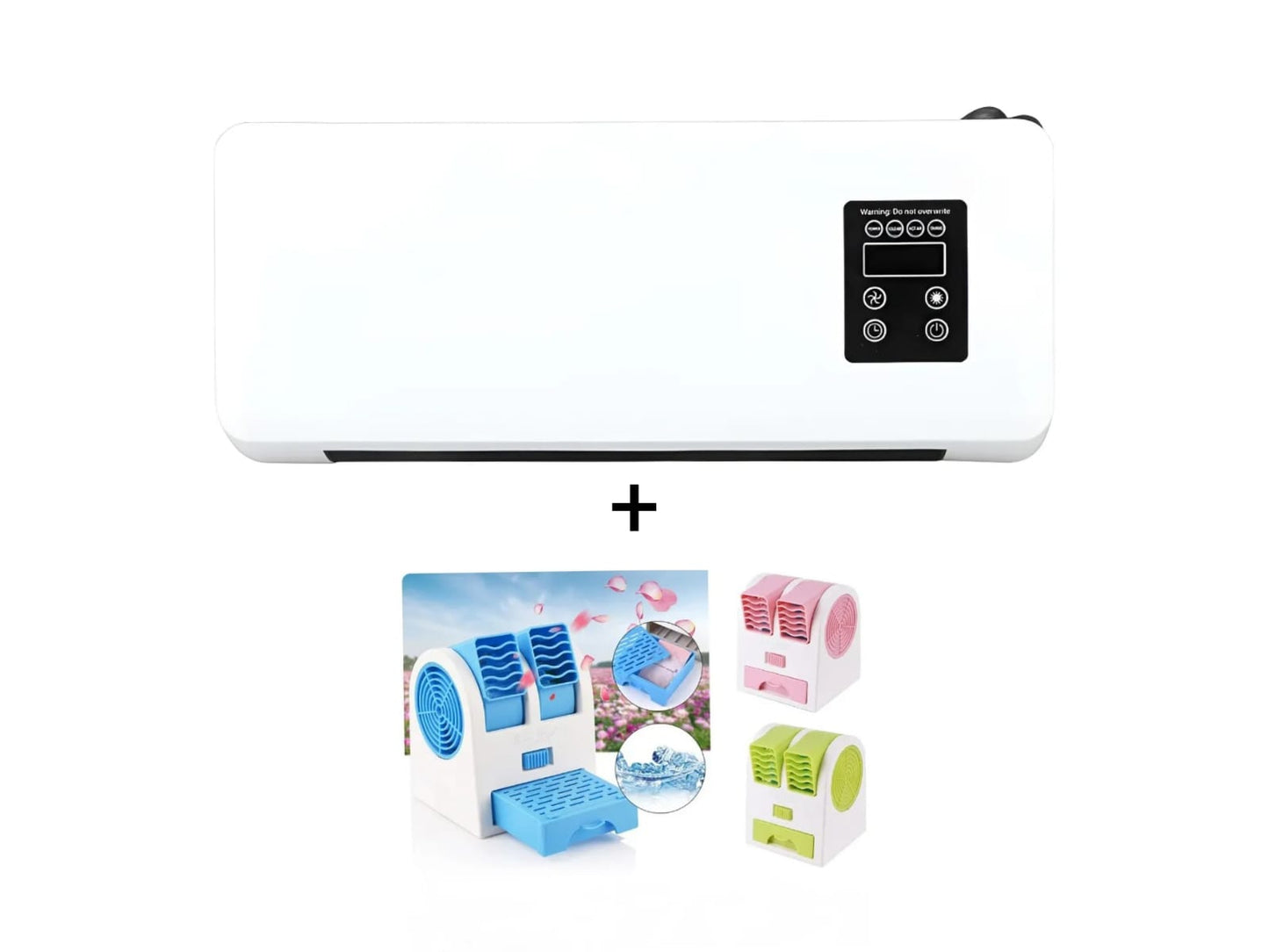 Combo con calefactor de pared PTC 1500W con control remoto, temporizador y montaje en pared, más mini ventilador humidificador USB portátil para hogar u oficina.