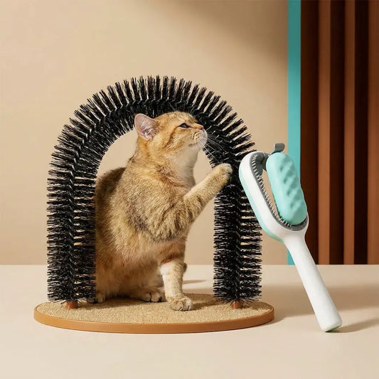 Combo de cepillo rascador para gatos y cepillo quita pelusa para mascotas. Ayuda a desenredar, retirar pelo suelto y mejorar el brillo del pelaje.