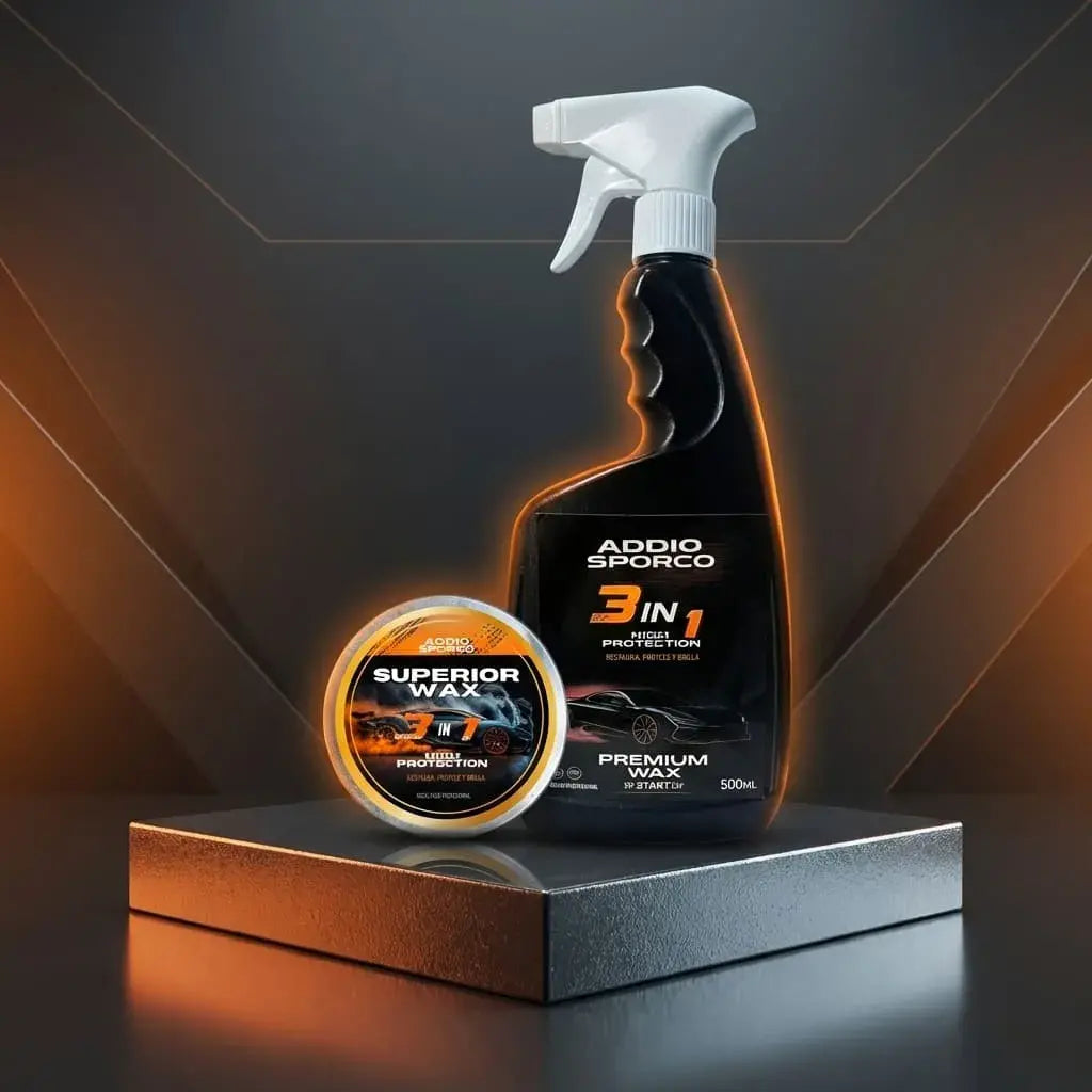 Combo cera automotriz con cera líquida, crema y esponja para limpiar, pulir y dar brillo a superficies con acabado uniforme y práctico.