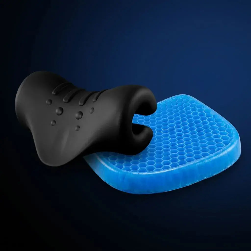 Combo de cojín ortopédico de asiento y almohada cervical ergonómica, ideal para comodidad diaria y descanso en casa u oficina.