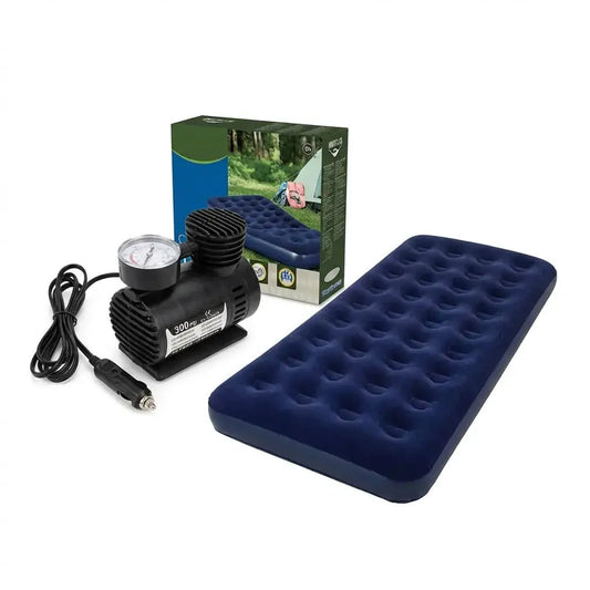 Combo con compresor de aire portátil 300 PSI 12V y colchón inflable individual. Ideal para viajes, camping y uso en vehículo.