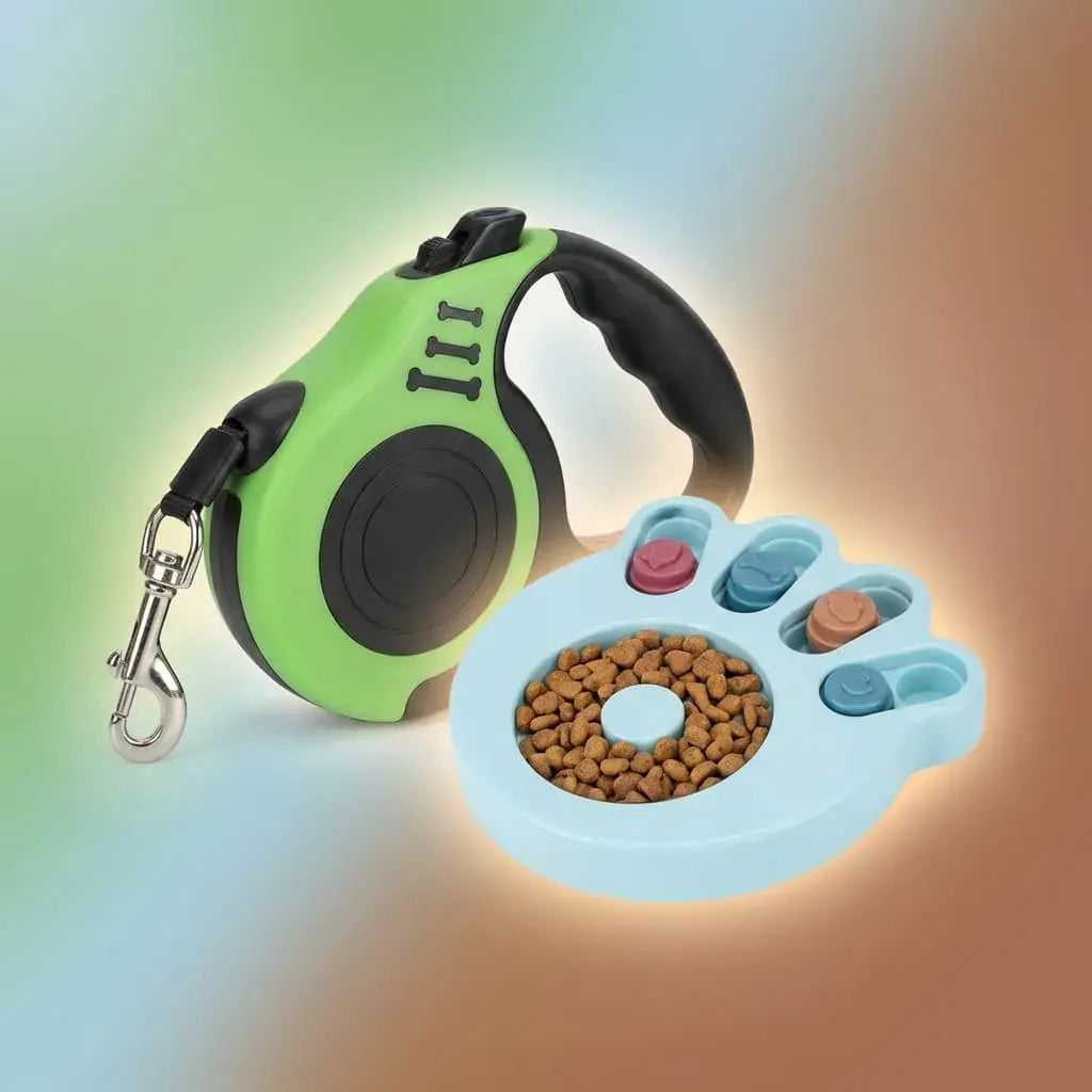 Combo para mascotas con correa retráctil y comedero interactivo, ideal para paseos seguros y alimentación más controlada.