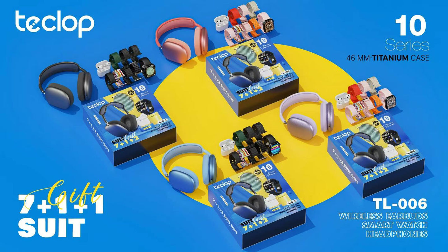 Combo tecnológico con diadema Bluetooth, smartwatch, audífonos inalámbricos tipo earbuds, estuche de carga y 7 manillas intercambiables. Ideal para audio, notificaciones y uso diario.