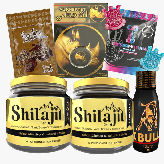 Combo Duo Gold x2 con 2 Shilajit Gold 125 mL, X Bull Jarabe, Rhino Dorado, Gummies Vi King y sachet chocolate. Bienestar, energía y vitalidad para adultos.