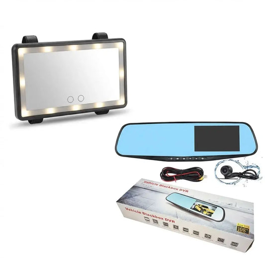 Combo para auto con espejo de visera con luz LED bicolor recargable USB y cámara retrovisor 1080P con pantalla 4.3”, visión nocturna y funcionamiento 12V.