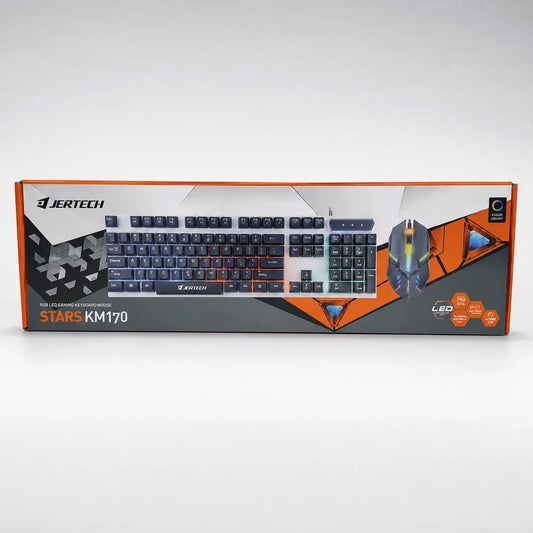 Combo gamer KM170 con teclado RGB de 104 teclas, diseño suspendido y mouse óptico de alta precisión con conexión USB.