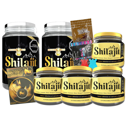 Combo Gold Shilajit Gomas con 4 bálsamos de resina 125 mL, 2 envases de gomas, Rhino Crema, SCK Love y Gummies Vi King. Pack para energía, vitalidad y bienestar en adultos.