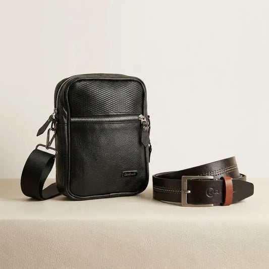 Combo para hombre con bolso en cuero y correa en cuero. Elegante, práctico y resistente para oficina, trabajo, universidad, viajes o regalo.