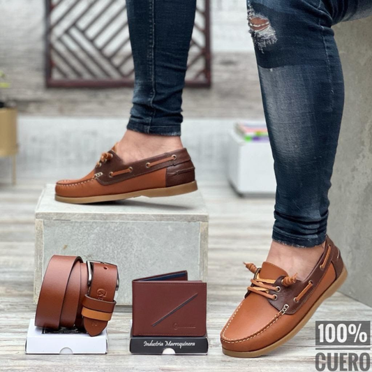Combo para hombre con mocasín tipo Sperry en cuero, correa con hebilla importada y billetera 100% cuero. Elegante, cómodo y funcional para uso diario o regalo.