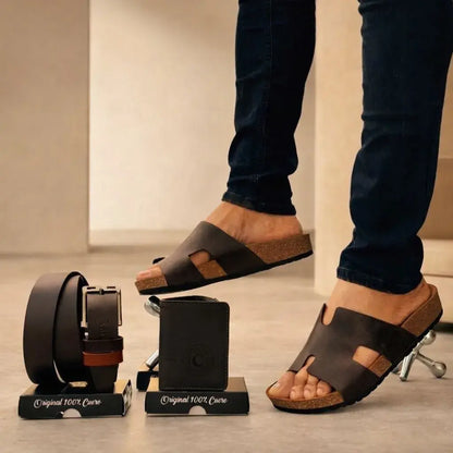 Combo premium para hombre con sandalias en cuero encerado, correa en cuero y billetera tres partes. Elegante, cómodo y funcional para uso diario o regalo.