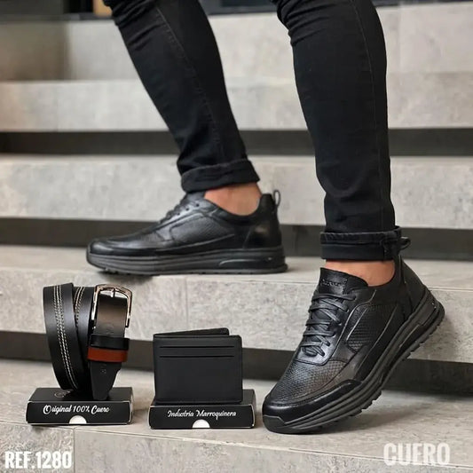 Combo para hombre con zapato sport en cuero encerado y grabado, correa en cuero y pisabilletes. Elegante, cómodo y funcional para oficina, uso diario o regalo.