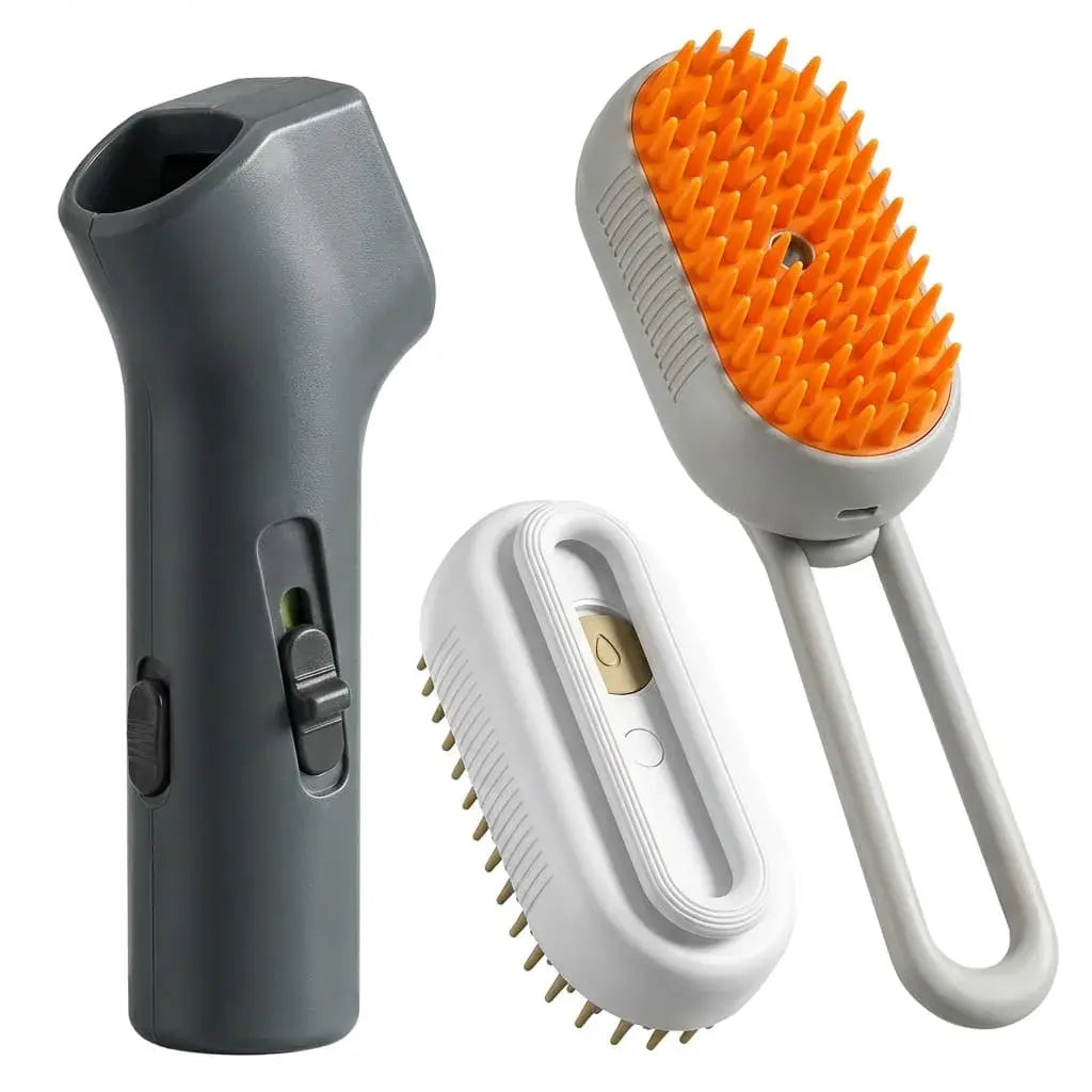 Combo para mascotas con juguete dispensador de comida y cepillo eléctrico removedor de pelo. Ideal para entretenimiento y cuidado diario en casa.