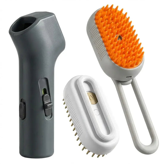 Combo para mascotas con juguete dispensador de comida y cepillo eléctrico removedor de pelo. Ideal para entretenimiento y cuidado diario en casa.