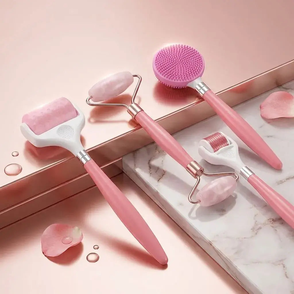 Combo de limpieza facial 4 en 1 con herramientas cosméticas para rutina diaria, ideal para cuidado y masaje facial en casa.