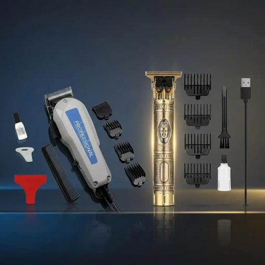 Combo máquina de peluquería profesional con patillera Buda inalámbrica, 4 guías, cuchilla tipo T, carga USB, motor potente y accesorios para corte de cabello.