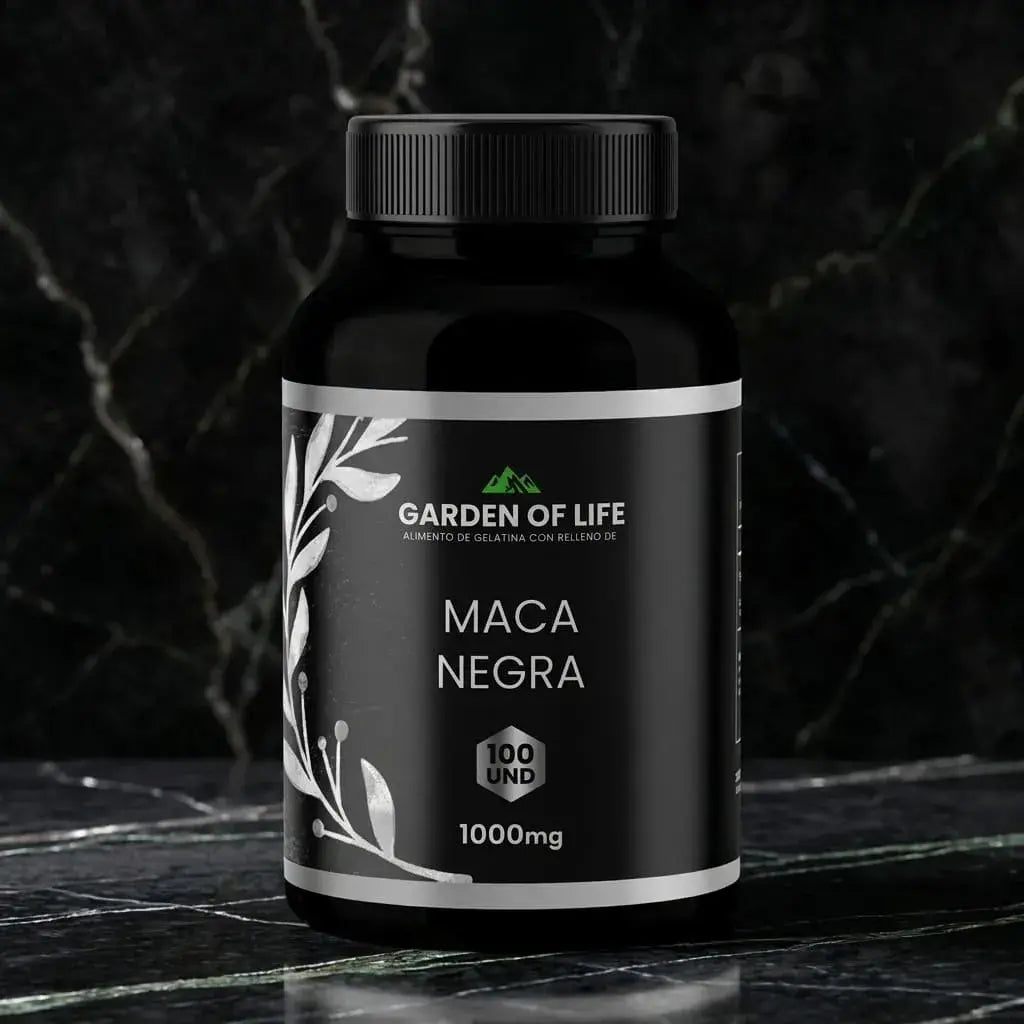 Combo natural con Maca Negra Garden of Life, Tongkat Ali Plus y Shilajit en frascos de 360 cc con termosellado de seguridad para rutina diaria de bienestar.