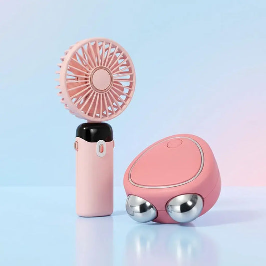 Combo con masajeador facial de microcorriente con 3 modos y ventilador portátil recargable 4000mAh con 5 velocidades. Ideal para rutina de cuidado y frescura diaria.