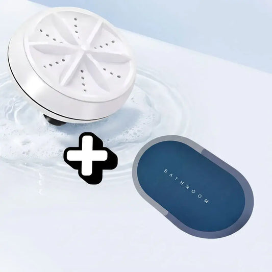 Combo con mini turbina ultrasónica portátil USB y tapete de baño, práctico y funcional para el hogar y viajes.