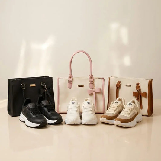 Combo para mujer con tenis deportivos ultralivianos y bolso estructurado elegante en material importado. Ideal para oficina, universidad y u