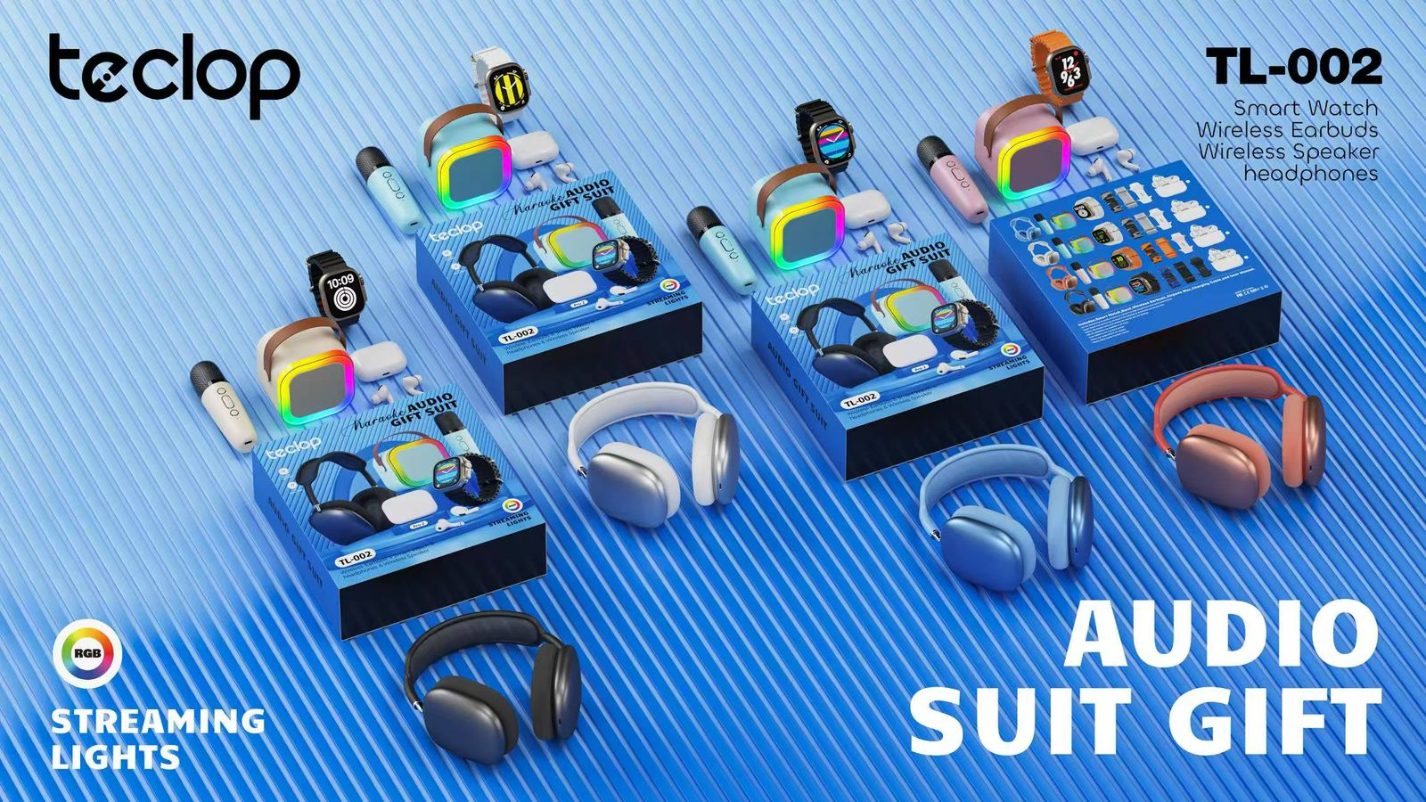 Combo multimedia Bluetooth 4 en 1 con audífonos de diadema, earbuds inalámbricos, parlante portátil con micrófono y smartwatch con 4 bandas intercambiables.