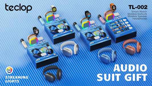 Combo multimedia Bluetooth 4 en 1 con audífonos de diadema, earbuds inalámbricos, parlante portátil con micrófono y smartwatch con 4 bandas intercambiables.